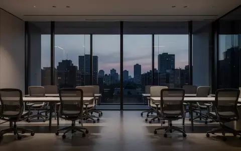 Ein minimalistisches, leeres Büro mit ergonomischen Stühlen und Blick auf eine nächtliche Skyline bei Dämmerung. - Foto: über boerse-global.de