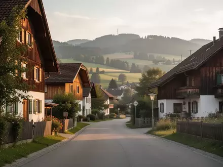 Eine ruhige ländliche Dorfstraße vor einer hügeligen Landschaft mit traditioneller Architektur. - Foto: über boerse-global.de