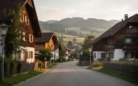 Eine ruhige ländliche Dorfstraße vor einer hügeligen Landschaft mit traditioneller Architektur. - Foto: über boerse-global.de