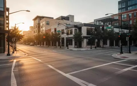 Eine leere, moderne Straßenkreuzung in Austin, Texas, bei Sonnenuntergang mit klarer Fahrbahnmarkierung und städtischer Architektur. - Foto: über boerse-global.de