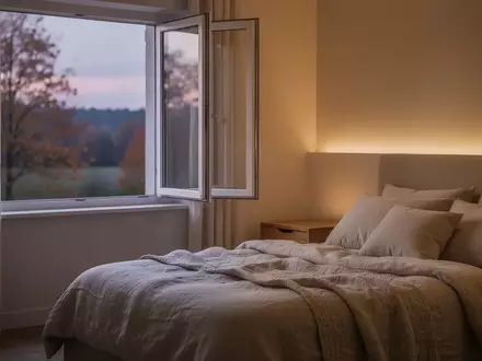 Ein minimalistisch eingerichtetes, ruhiges Schlafzimmer bei Dämmerlicht mit Blick auf herbstliche Natur. - Foto: über boerse-global.de
