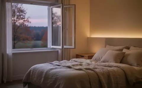 Ein minimalistisch eingerichtetes, ruhiges Schlafzimmer bei Dämmerlicht mit Blick auf herbstliche Natur. - Foto: über boerse-global.de