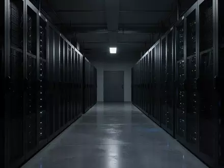 Dunkler, minimalistischer Serverraum mit unbeleuchteten Server-Racks in einem industriellen Gebäude. - Foto: über boerse-global.de