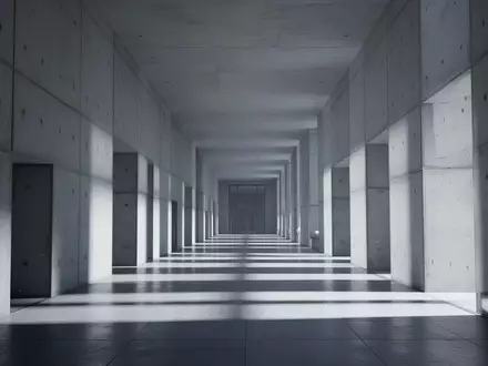 Ein leerer, minimalistischer Flur in einem Regierungsgebäude mit klaren Betonwänden und architektonischen Schattenwürfen. - Foto: über boerse-global.de