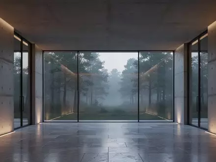 Minimalistisch gestalteter, leerer Architekturraum mit großen Glasfronten und Blick auf einen nebligen Wald. - Foto: über boerse-global.de