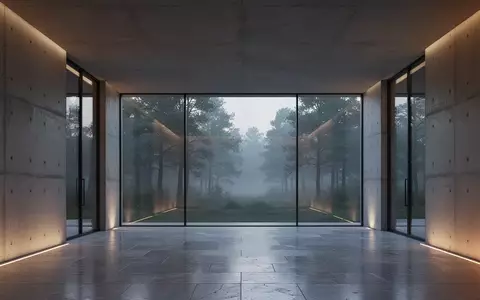 Minimalistisch gestalteter, leerer Architekturraum mit großen Glasfronten und Blick auf einen nebligen Wald. - Foto: über boerse-global.de
