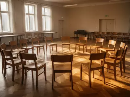 Ein heller, leerer Gemeindesaal mit im Kreis angeordneten Holzstühlen auf einem Parkettboden. - Foto: über boerse-global.de