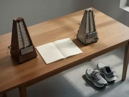 Ein minimalistischer Schreibtisch mit einem Metronom, einem Notizbuch und Sportschuhen in natürlichem Licht. - Foto: über boerse-global.de