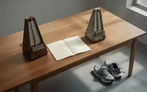 Ein minimalistischer Schreibtisch mit einem Metronom, einem Notizbuch und Sportschuhen in natürlichem Licht. - Foto: über boerse-global.de