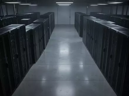 Reihen von leeren, dunklen Serverracks in einem minimalistischen, unbeleuchteten Serverraum mit glänzendem Betonboden. - Foto: über boerse-global.de