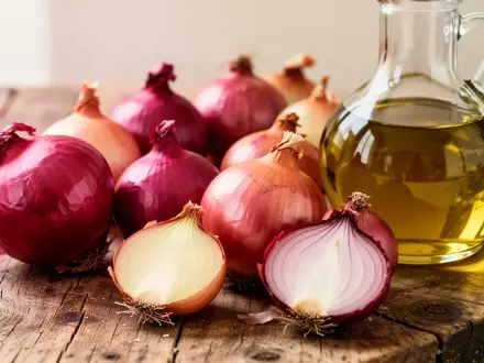 Frische Zwiebeln und eine Glasflasche mit Olivenöl auf einer rustikalen Holzoberfläche. - Foto: über boerse-global.de