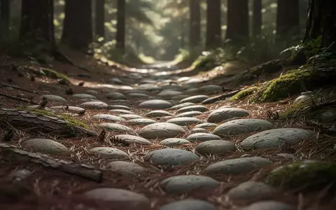 Ein naturbelassener Waldweg mit verschiedenen Bodenstrukturen wie Steinen und Moos in sanftem, natürlichem Licht. - Foto: über boerse-global.de