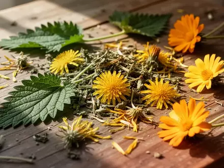 Getrocknete Kräuter, Brennnesselblätter und Ringelblumenblüten auf einem rustikalen Holztisch bei natürlichem Licht. - Foto: über boerse-global.de