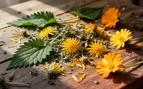 Getrocknete Kräuter, Brennnesselblätter und Ringelblumenblüten auf einem rustikalen Holztisch bei natürlichem Licht. - Foto: über boerse-global.de
