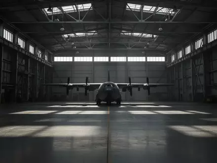 Eine weitläufige, menschenleere Flugzeughalle mit einem im Schatten stehenden Militärflugzeug und einfallendem Tageslicht. - Foto: über boerse-global.de