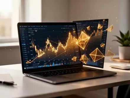 Ein moderner Schreibtisch mit Laptop, auf dem abstrakte digitale Finanzdaten und goldene geometrische Formen zu sehen sind. - Foto: über boerse-global.de