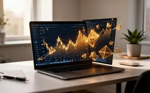 Ein moderner Schreibtisch mit Laptop, auf dem abstrakte digitale Finanzdaten und goldene geometrische Formen zu sehen sind. - Foto: über boerse-global.de