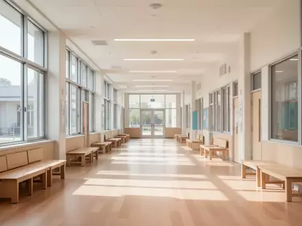 Ein heller, moderner Schulflur mit minimalistischer Architektur und einfallendem Tageslicht, ohne Personen. - Foto: über boerse-global.de