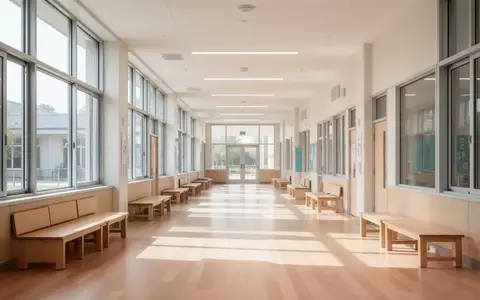 Ein heller, moderner Schulflur mit minimalistischer Architektur und einfallendem Tageslicht, ohne Personen. - Foto: über boerse-global.de
