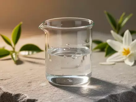 Ein minimalistisches Labor-Glasgefäß mit einem klaren Serum, umgeben von botanischen Elementen auf einer Steinoberfläche. - Foto: über boerse-global.de