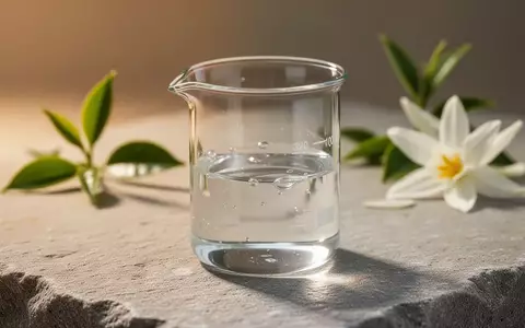 Ein minimalistisches Labor-Glasgefäß mit einem klaren Serum, umgeben von botanischen Elementen auf einer Steinoberfläche. - Foto: über boerse-global.de