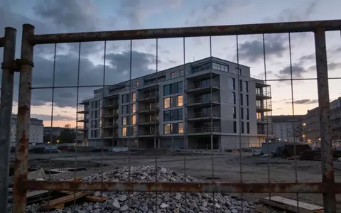 Eine verlassene Baustelle mit einem im Bau befindlichen Wohnkomplex in der Abenddämmerung. - Foto: über boerse-global.de