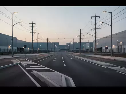 Leere, moderne urbane Industriefläche mit Asphaltstraßen und Lagerhallen im Hintergrund in der Abenddämmerung. - Foto: über boerse-global.de