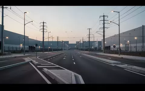 Leere, moderne urbane Industriefläche mit Asphaltstraßen und Lagerhallen im Hintergrund in der Abenddämmerung. - Foto: über boerse-global.de