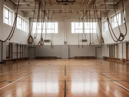 Leere, lichtdurchflutete Sporthalle mit poliertem Holzboden und Kletterseilen an der Decke. - Foto: über boerse-global.de