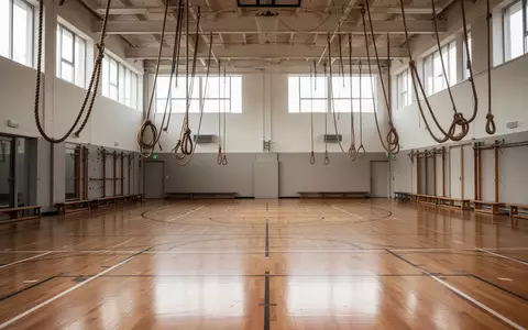 Leere, lichtdurchflutete Sporthalle mit poliertem Holzboden und Kletterseilen an der Decke. - Foto: über boerse-global.de