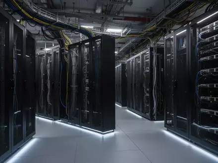 Reihen von Serverschränken in einem modernen Rechenzentrum bei gedimmter Beleuchtung. - Foto: über boerse-global.de