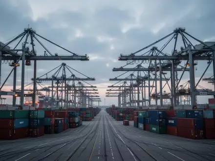Ein stillgelegter Containerterminal in einem norddeutschen Seehafen mit unbewegten Kränen und aufgestapelten Containern. - Foto: über boerse-global.de