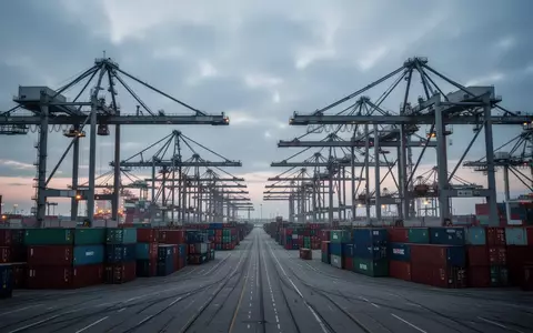 Ein stillgelegter Containerterminal in einem norddeutschen Seehafen mit unbewegten Kränen und aufgestapelten Containern. - Foto: über boerse-global.de