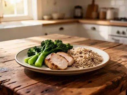 Gesunde Mahlzeit mit gedünstetem Gemüse, Proteinen und Vollkornprodukten auf einem Holztisch in einer hellen Küche. - Foto: über boerse-global.de