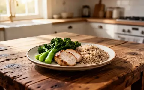 Gesunde Mahlzeit mit gedünstetem Gemüse, Proteinen und Vollkornprodukten auf einem Holztisch in einer hellen Küche. - Foto: über boerse-global.de