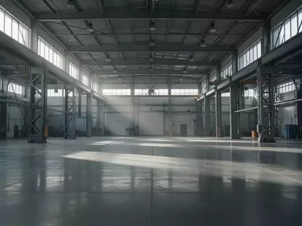 Leere Industriehalle mit hohen Decken und Stahlträgern, die eine Atmosphäre von industriellem Wandel vermittelt. - Foto: über boerse-global.de