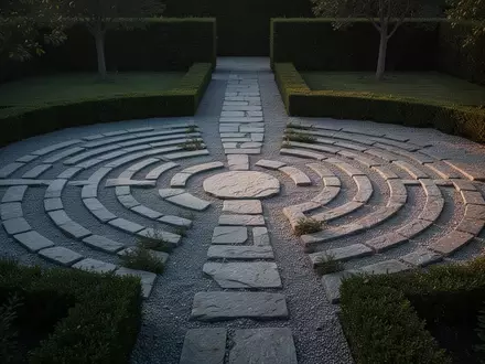 Ein minimalistischer Steingarten mit einem Labyrinthpfad bei Dämmerung, der den Prozess der Entscheidungsfindung symbolisiert. - Foto: über boerse-global.de