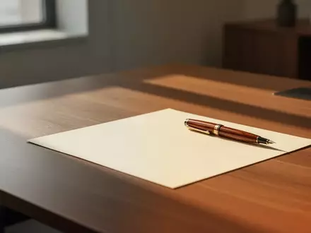 Ein leerer Schreibtisch mit einem Füllfederhalter und einem leeren Blatt Papier in einem hellen, professionellen Büro. - Foto: über boerse-global.de