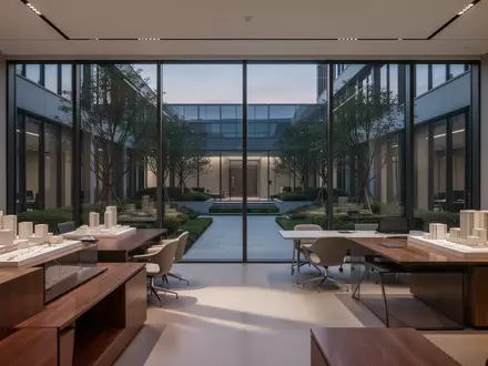 Ein minimalistisches, modernes Büro mit großen Fenstern und Blick auf einen begrünten Innenhof bei Dämmerung. - Foto: über boerse-global.de
