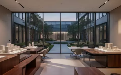 Ein minimalistisches, modernes Büro mit großen Fenstern und Blick auf einen begrünten Innenhof bei Dämmerung. - Foto: über boerse-global.de