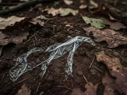 Waldboden mit feuchter Erde, organischen Resten und verwitternden Kunststofffragmenten in einer natürlichen Umgebung. - Foto: über boerse-global.de