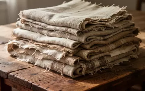 Ein Stapel sorgfältig gefalteter, gebrauchter Textilien und Stoffreste in Erdtönen auf einem Holztisch. - Foto: über boerse-global.de