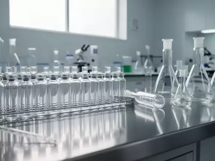 Leere medizinische Glasfläschchen in einem modernen, hellen Forschungslabor. - Foto: über boerse-global.de
