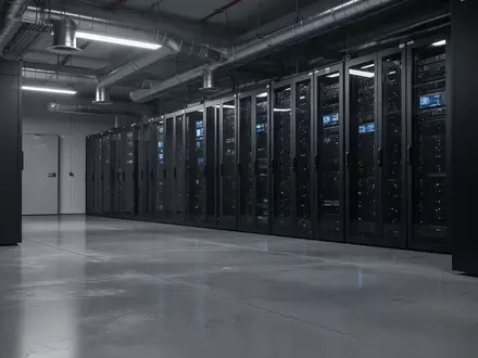 Ein minimalistisch beleuchteter Serverraum mit dunklen Metall-Serverracks in einer industriellen Umgebung. - Foto: über boerse-global.de