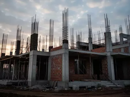 Rohbau eines modernen Wohngebäudes in der Dämmerung mit sichtbarem Beton und Stahlarmierungen auf einer Baustelle. - Foto: über boerse-global.de