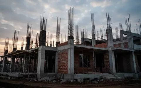 Rohbau eines modernen Wohngebäudes in der Dämmerung mit sichtbarem Beton und Stahlarmierungen auf einer Baustelle. - Foto: über boerse-global.de