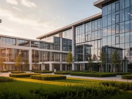 Ein modernes Bürogebäude in Hallbergmoos bei Sonnenuntergang mit Glasfassade und gepflegter Außenanlage. - Foto: über boerse-global.de