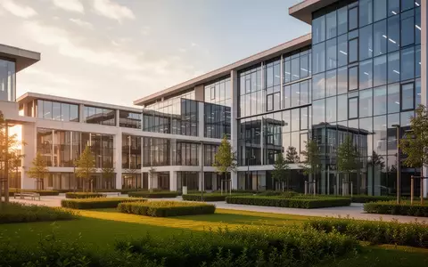 Ein modernes Bürogebäude in Hallbergmoos bei Sonnenuntergang mit Glasfassade und gepflegter Außenanlage. - Foto: über boerse-global.de