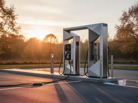 Eine moderne Ladestation für Elektrofahrzeuge in einer minimalistischen Außenumgebung bei Sonnenuntergang. - Foto: über boerse-global.de