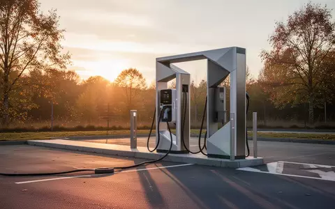 Eine moderne Ladestation für Elektrofahrzeuge in einer minimalistischen Außenumgebung bei Sonnenuntergang. - Foto: über boerse-global.de